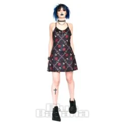 Jawbreaker Skull & Roses Cami Midi Dress (Black)