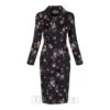 Bleeding Heart Pink Flower Long Sleeve Pencil Dress (Black)