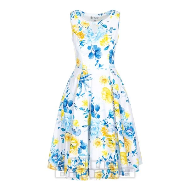 Bleeding Heart Blue & Yellow Flowers Dress (White) 1 Bleeding Heart Blue & Yellow Flowers Dress (White)