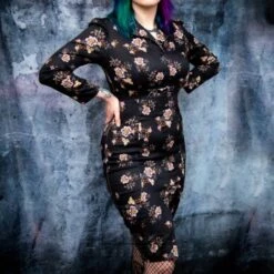 Bleeding Heart Pink Flower Long Sleeve Pencil Dress (Black) -Alternative Clothing Store b84dd00cdc98e01e2bbbf42d0728 bh pink flowers dress