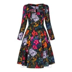 Bleeding Heart Floral Long Sleeve Black Dress (Multicoloured)